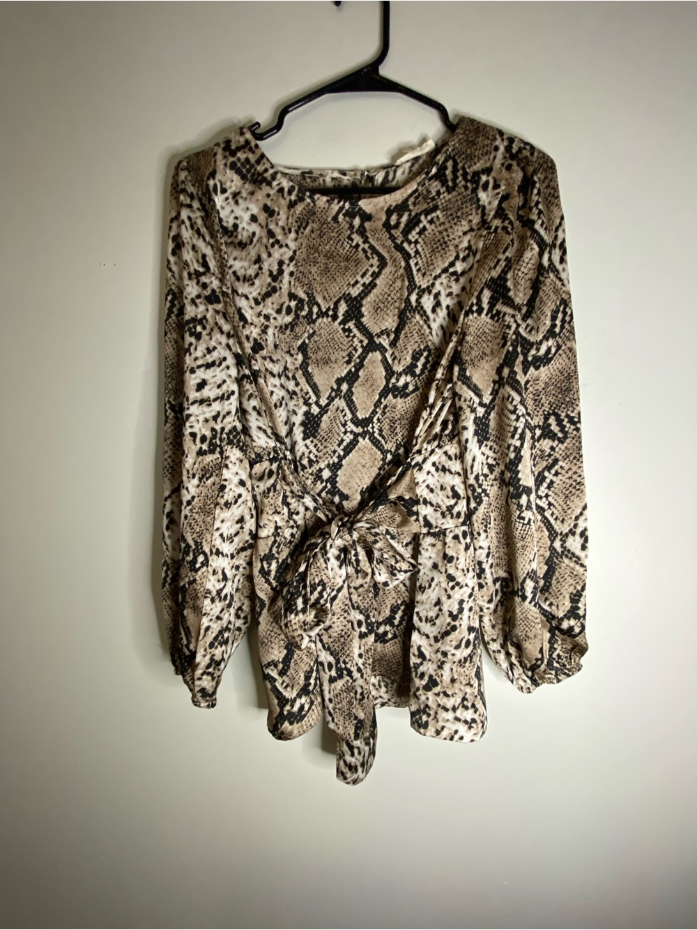 ODDY Snake Print Tie-Front Blouse - Beige & Black